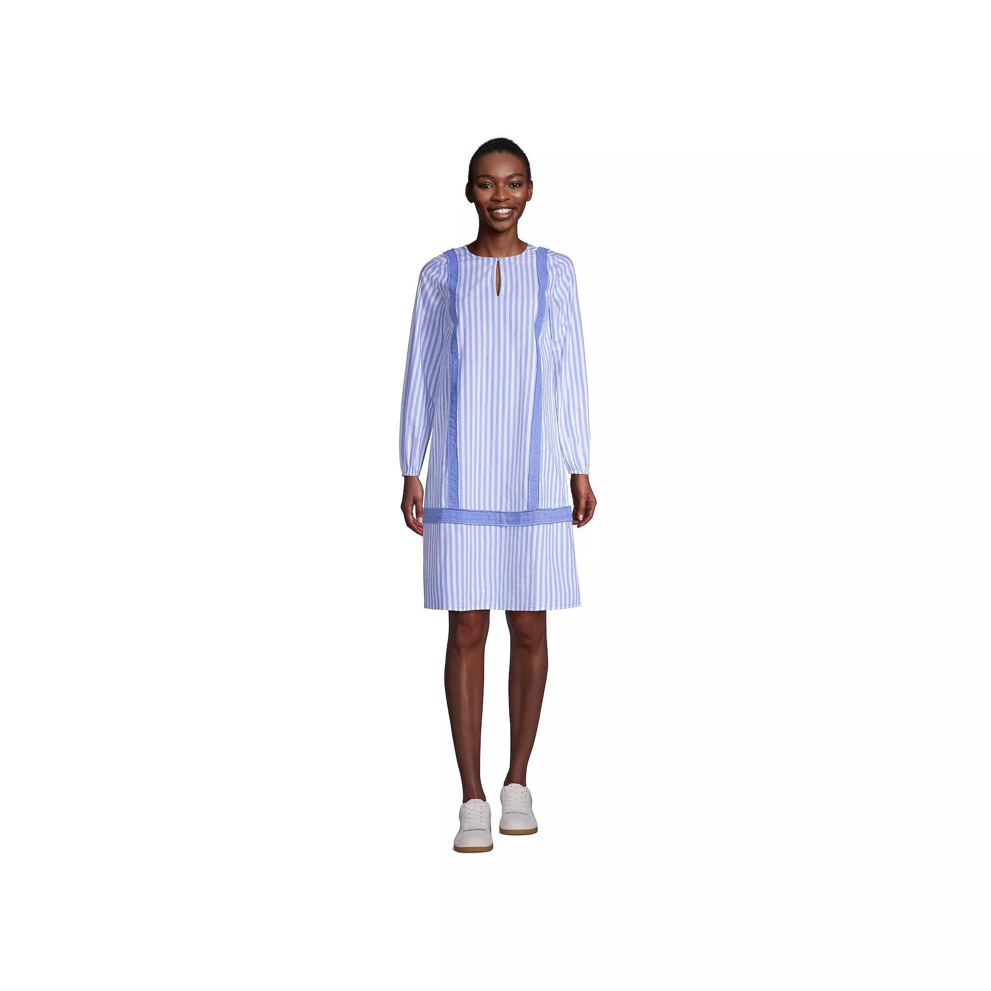 Women's Lands' End Poplin Relaxed-Fit Splitneck Dress, Size: Small, White Pink Palm Product Image