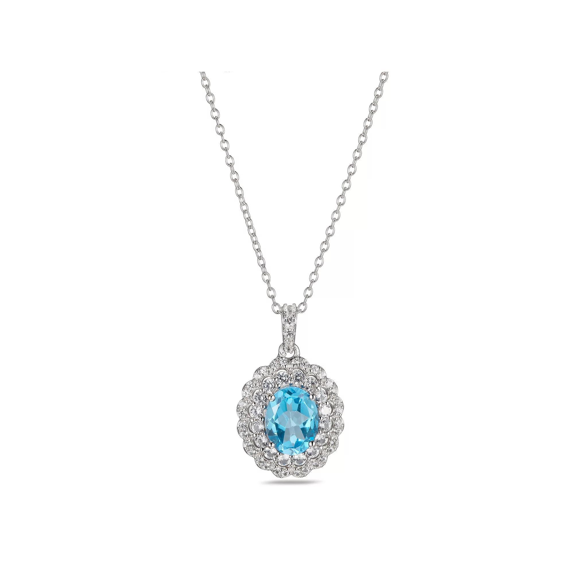 Sterling Silver Genuine Blue Topaz & Lab-Created White Sapphire Double Halo Pendant Necklace, Women's, Size: 18" Product Image