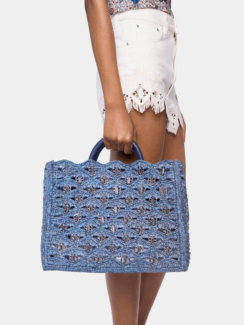 DENIM BLUE TOTE BAG IN RAFFIA Product Image
