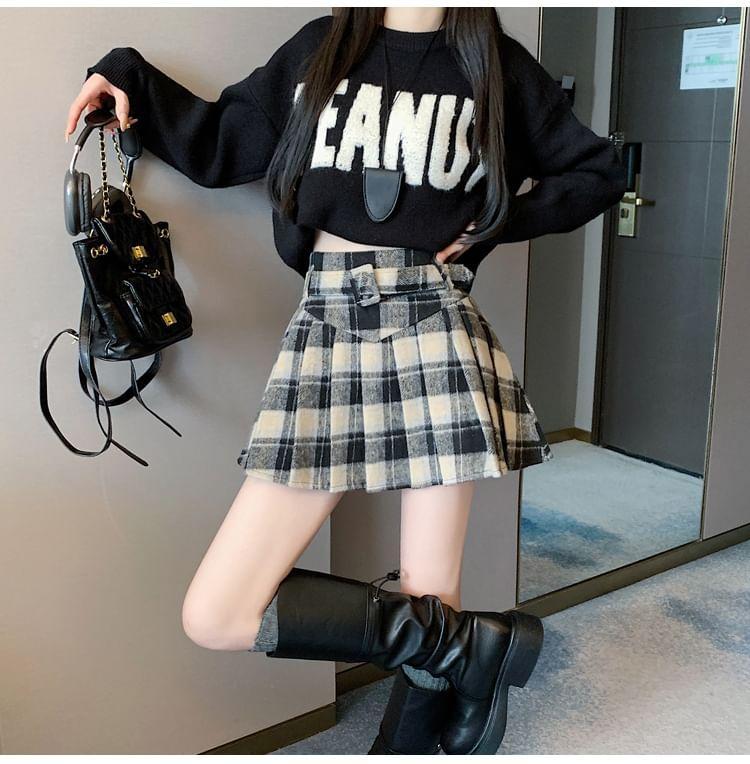 High Rise Plaid Mini Pleated A-Line Skirt Product Image
