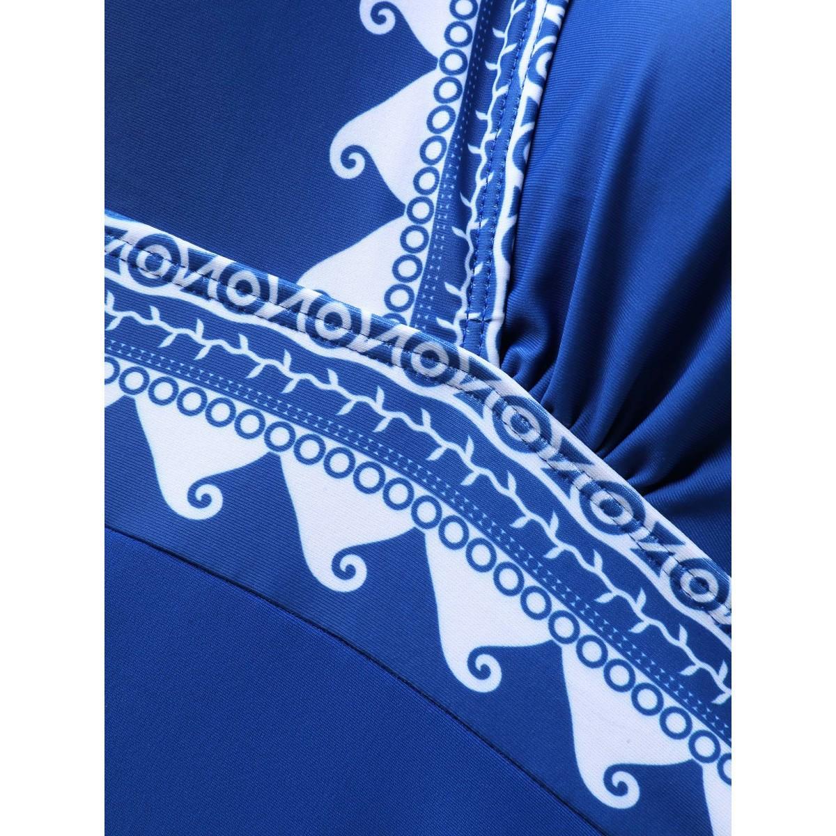 Plus Size Two-Piece Ocean Print Swimsuit Women's Swimwear Mediumblue Beach Tie knot Curve Bathing Suits High stretch One Pieces BloomChic 26/4X Product Image