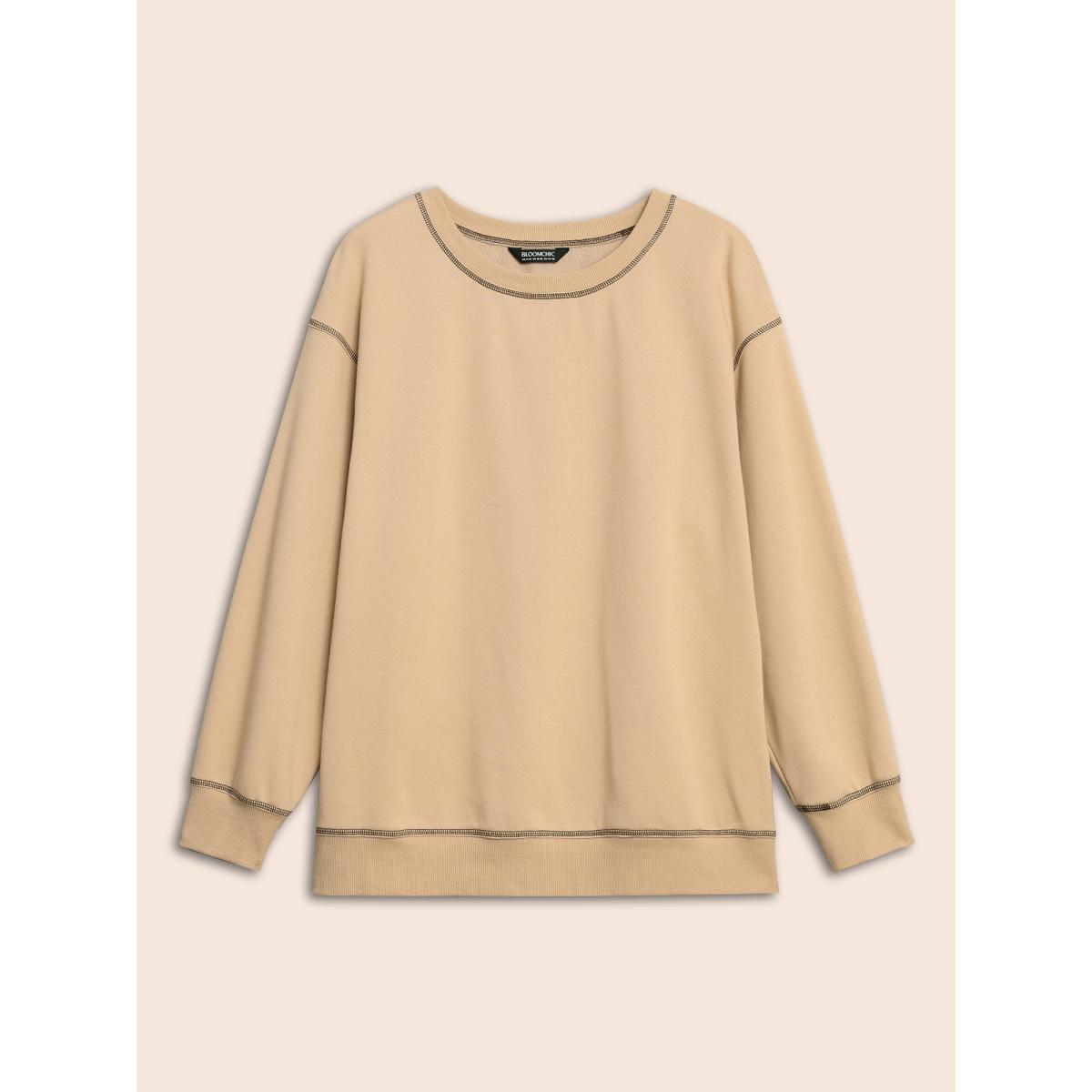 Plus Size Round Neck Topstitching Patchwork Sweatshirt Women Champagne Casual Topstitching Round Neck Everyday Sweatshirts BloomChic 10/M Product Image