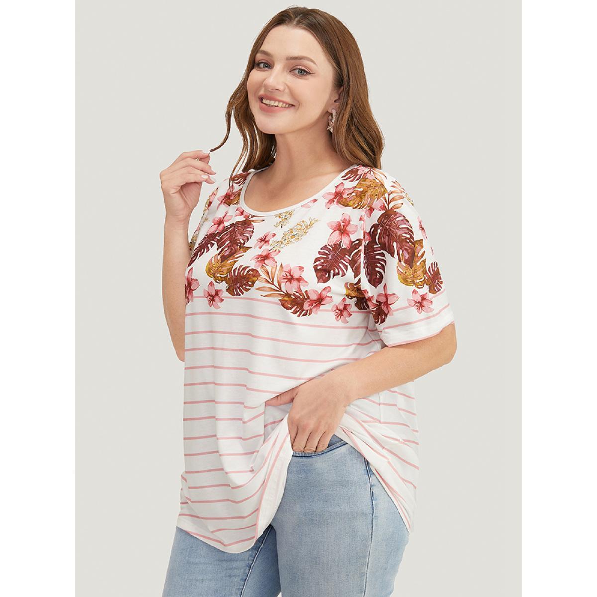 Plus Size Striped Patchwork Round Neck Floral T-shirt White Women Vacation Plants Round Neck Dailywear T-shirts BloomChic 12/L Product Image