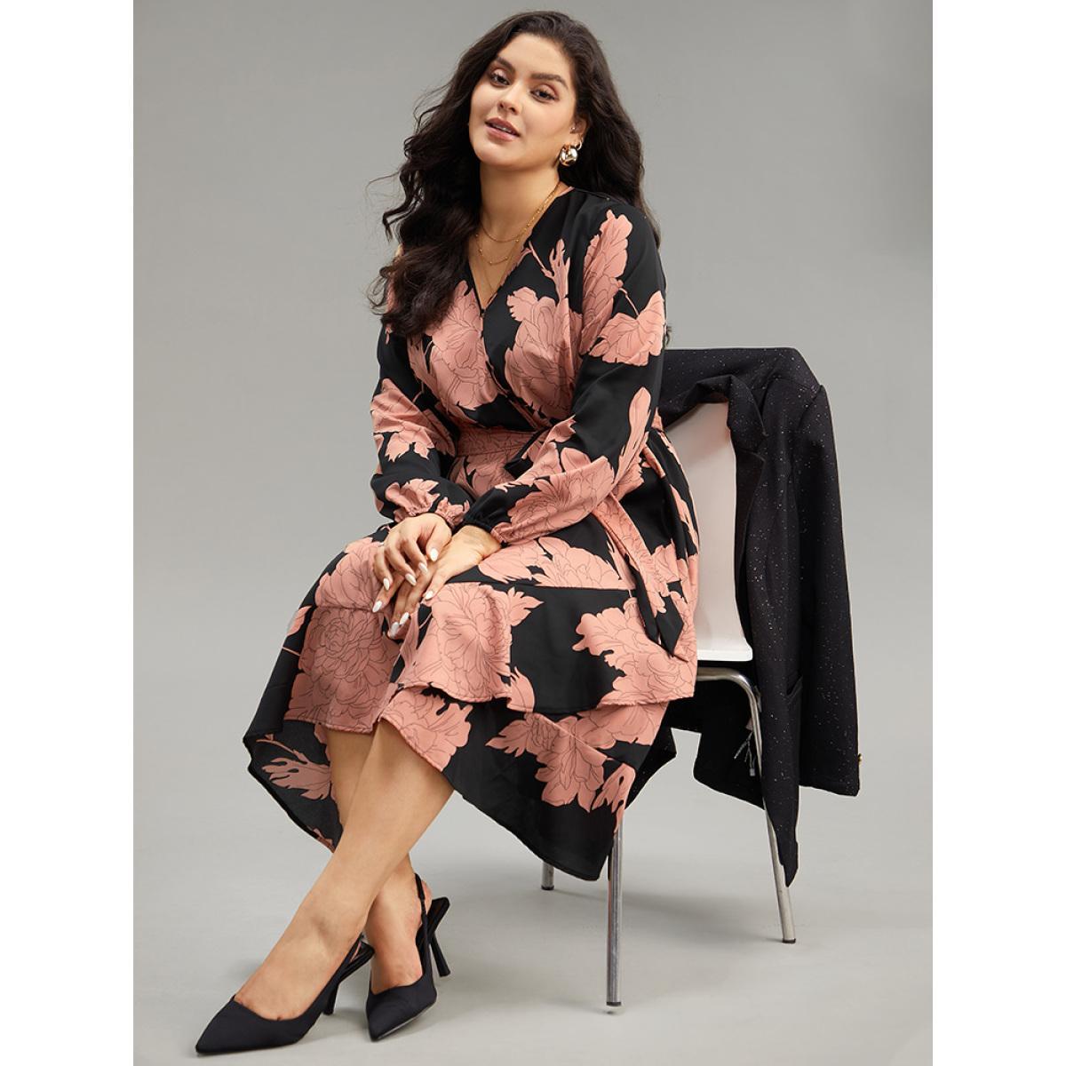 Plus Size Floral Print Belted Wrap Hem Midi Dress Black Women Elegant Elastic cuffs Overlap Collar Long Sleeve Curvy Midi Dress BloomChic 18-20/2X Product Image