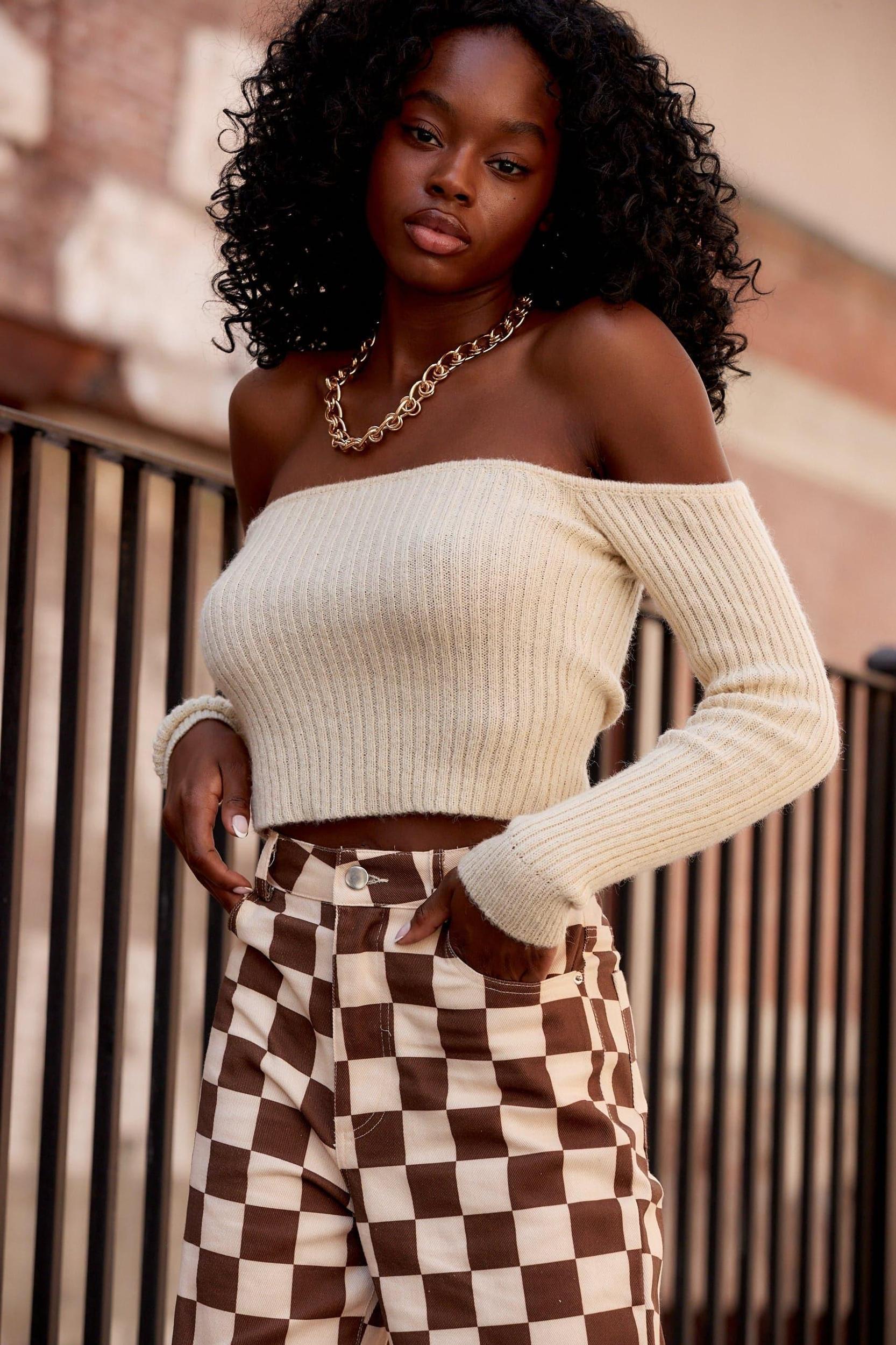 Miley Beige Off The Shoulder Sweater Female Product Image
