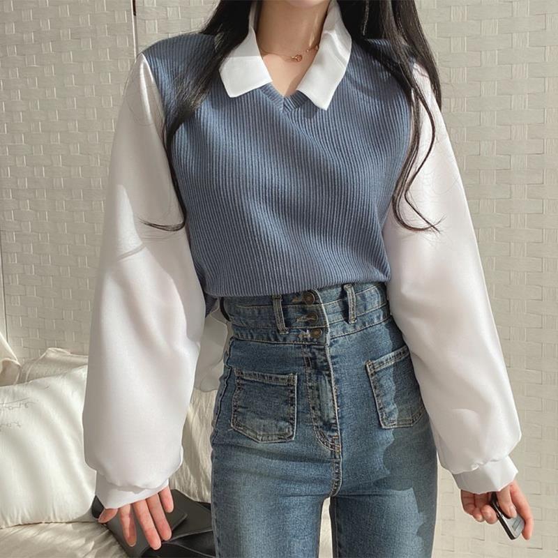 Mock Two-Piece Puff-Sleeve Two-Tone Collared Sweater Product Image