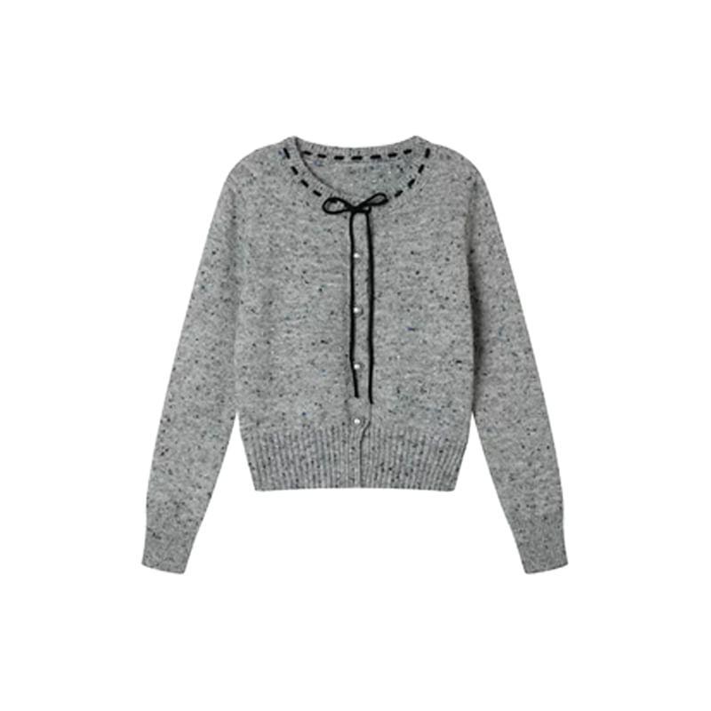 Round Neck Melange Bow Cardigan / High Waist Plain Pleated Mini A-Line Skirt Product Image