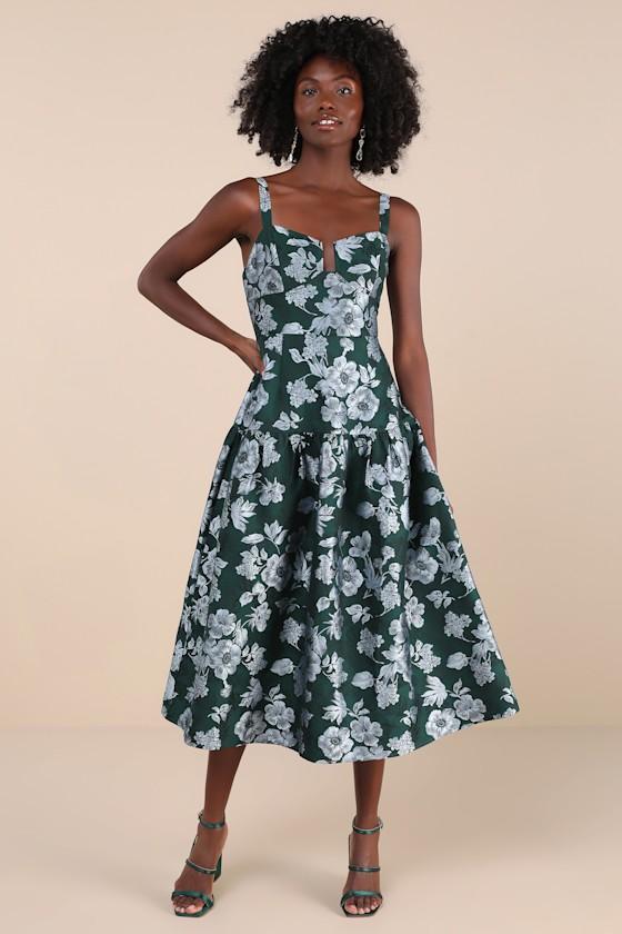 Major Flirtation Emerald Floral Jacquard Drop Waist Midi Dress Product Image