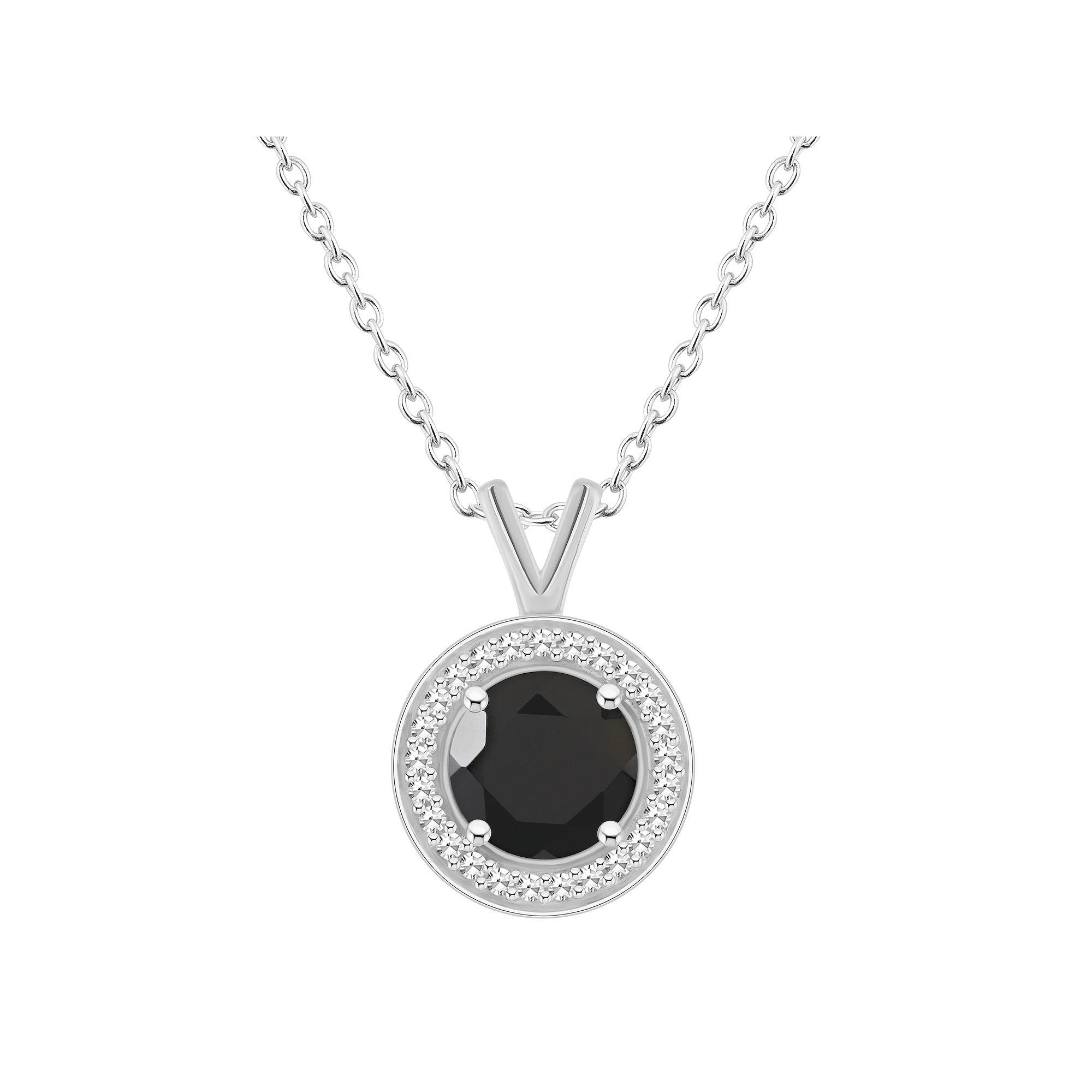 Celebration Gems Sterling Silver Round Gemstone & 1/8 Carat T.W. Diamond Halo Pendant Necklace, Women's, Size: 18", Black Product Image