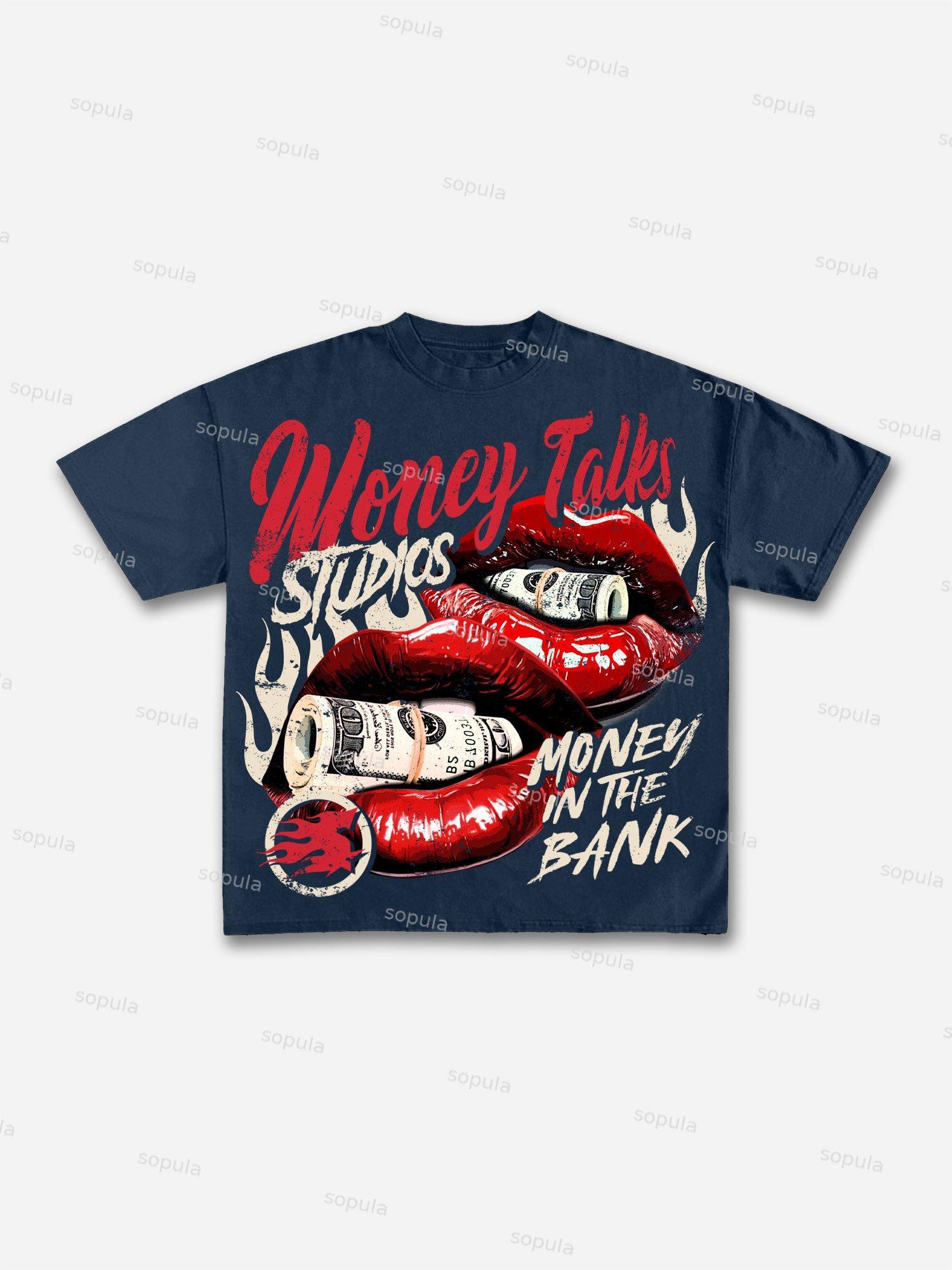 Money Talks Vintage Red Lips Banknote Graphic Cotton T-shirt Product Image