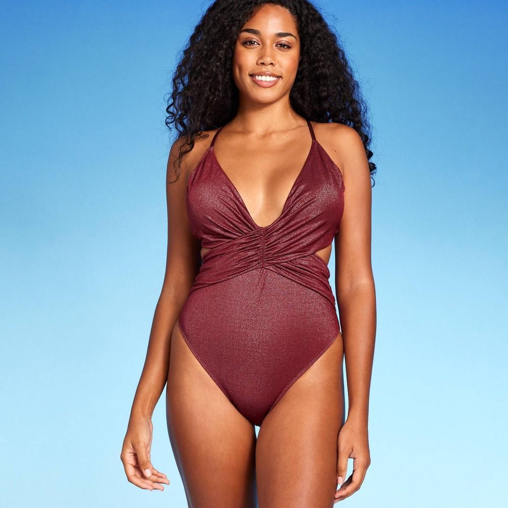 Womens Monokini Plunge Cut Out High Leg Lurex One Piece Swimsuit - Shade & Shore Burgundy Product Image