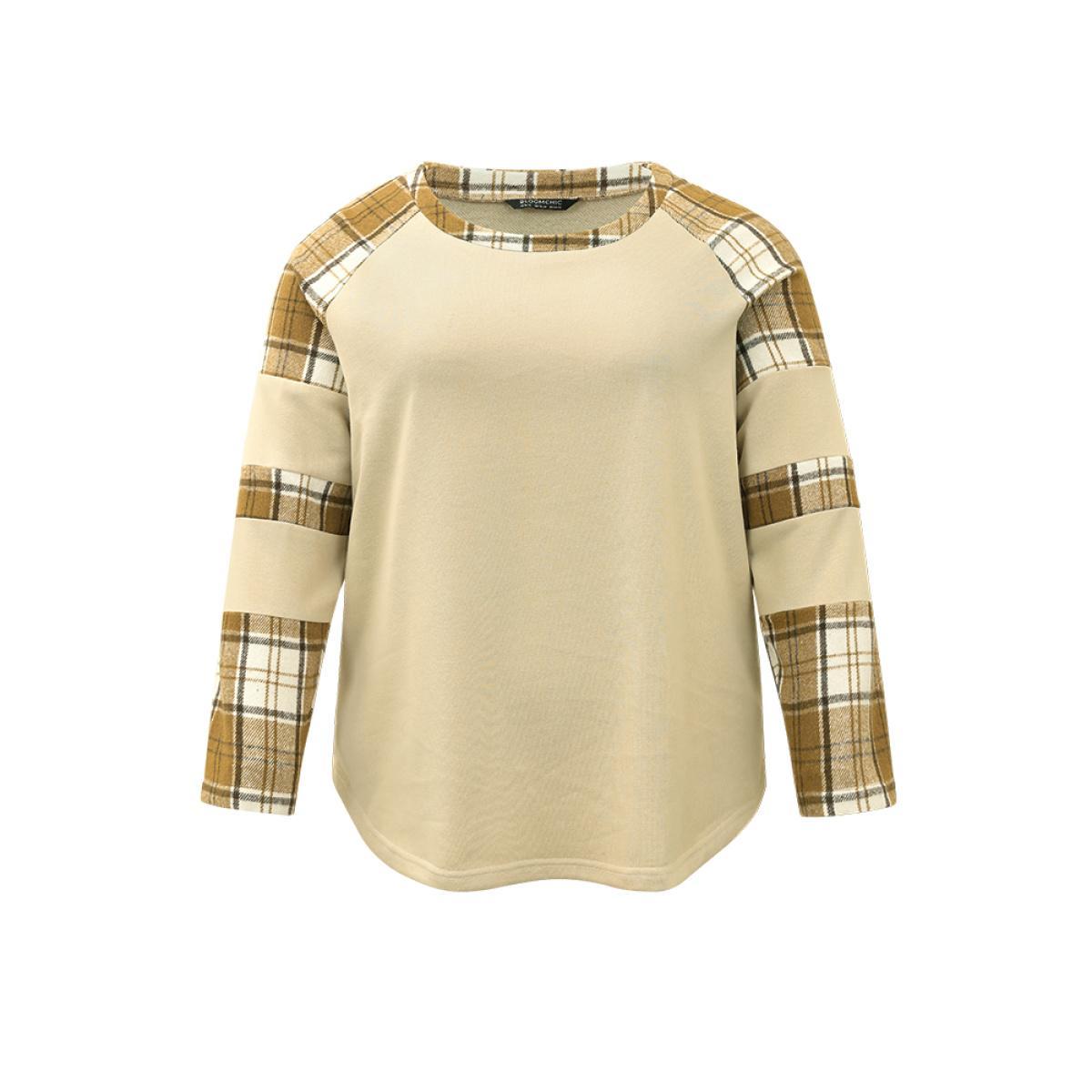 Plus Size Plaid Patchwork Raglan Sleeve Sweatshirt Women Champagne Casual Thick Round Neck Dailywear Sweatshirts BloomChic 26/4X Product Image