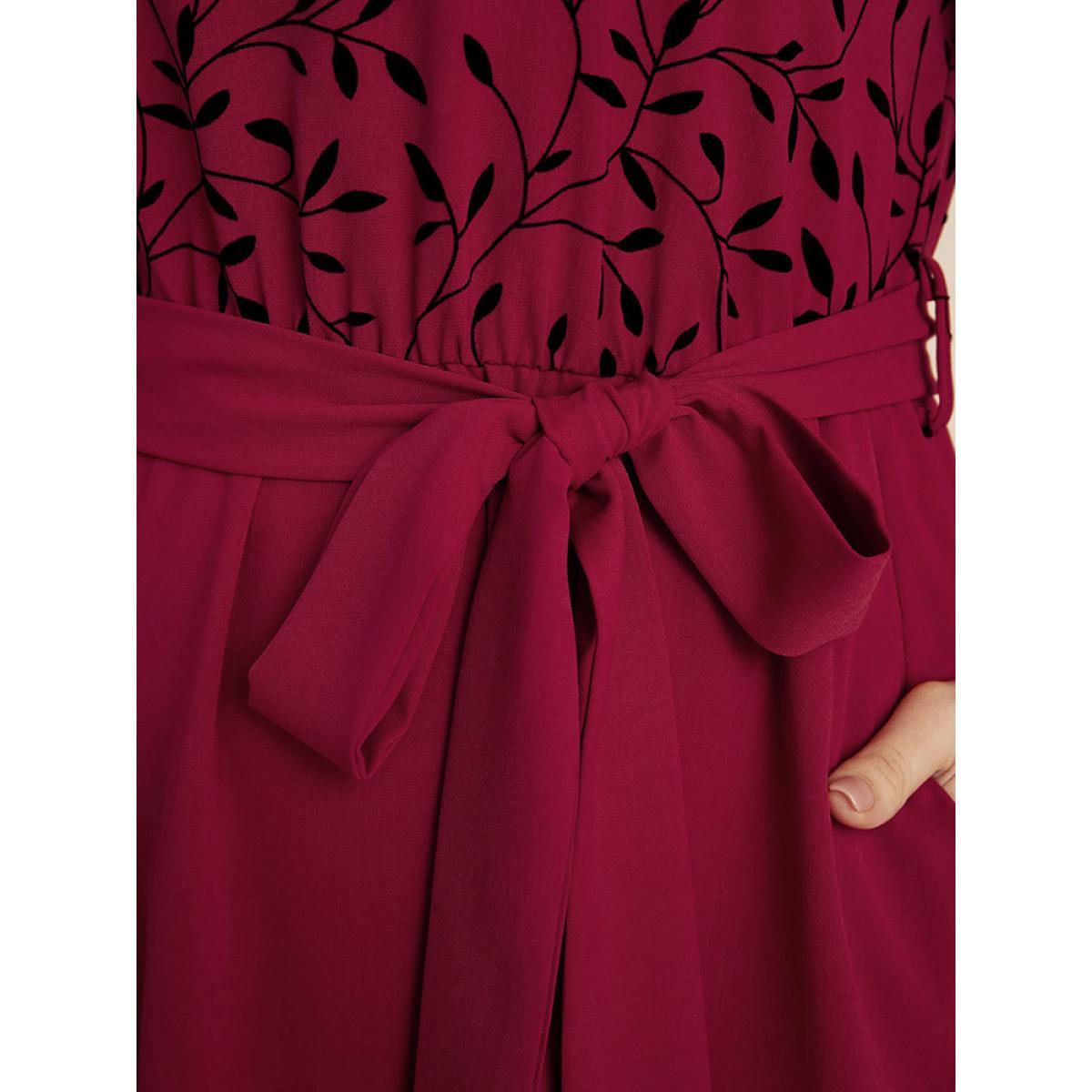 Plus Size Plant Print Lantern Sleeve Pocket Belted Ruffles Hem Dress Burgundy Women Elegant Patchwork V-neck Long Sleeve Curvy Midi Dress BloomChic 26/4X Product Image
