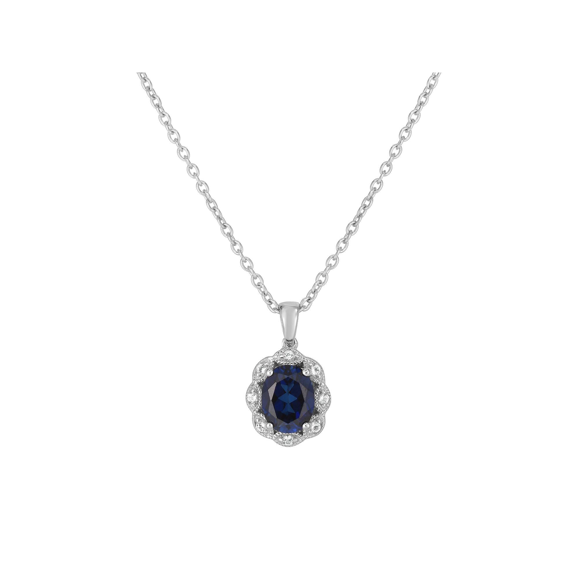 Sterling Silver Lab-Created Gemstone & White Topaz Oval Halo Pendant, Women's, Size: 18", Created Blue Blue Product Image