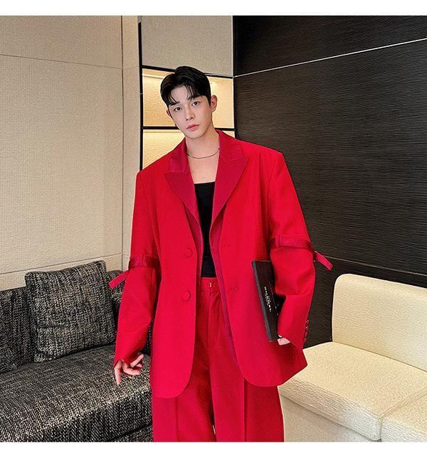 Set: Plain Sing-Breasted Blazer + High Waist Wide Leg Pants Product Image