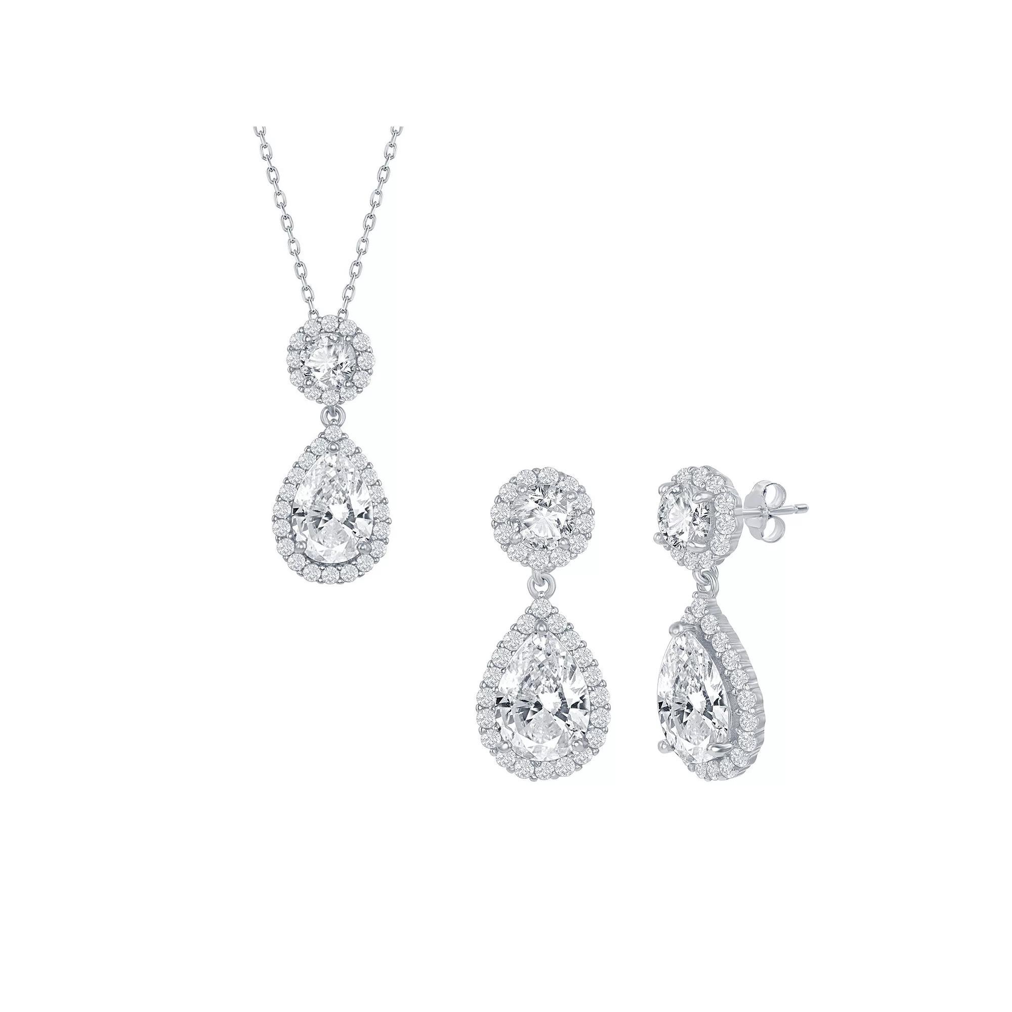 Sterling Silver Pear-Shaped CZ Necklace & Earrings Set, Women's, Size: 16-18" ADJ Product Image