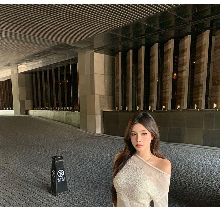 Long-Sleeve Off-Shoulder Plain Sheer Panel Slim Fit Knit Top / High Rise Wide Leg Pants Product Image