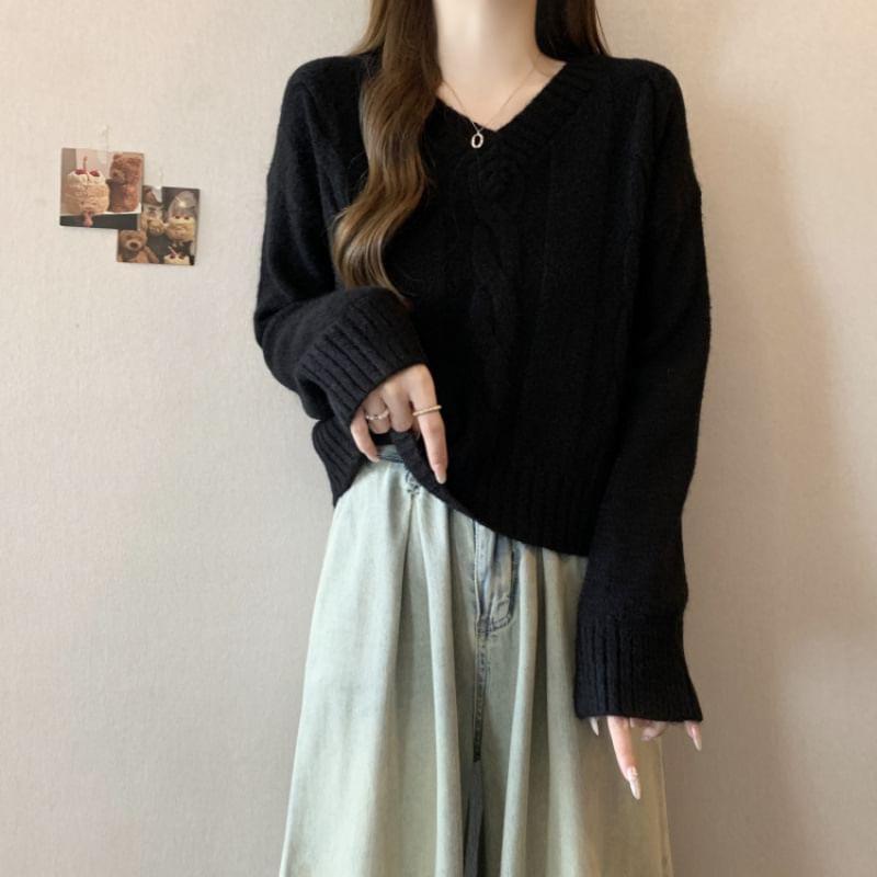 V-Neck Plain Cable Knit Sweater Product Image