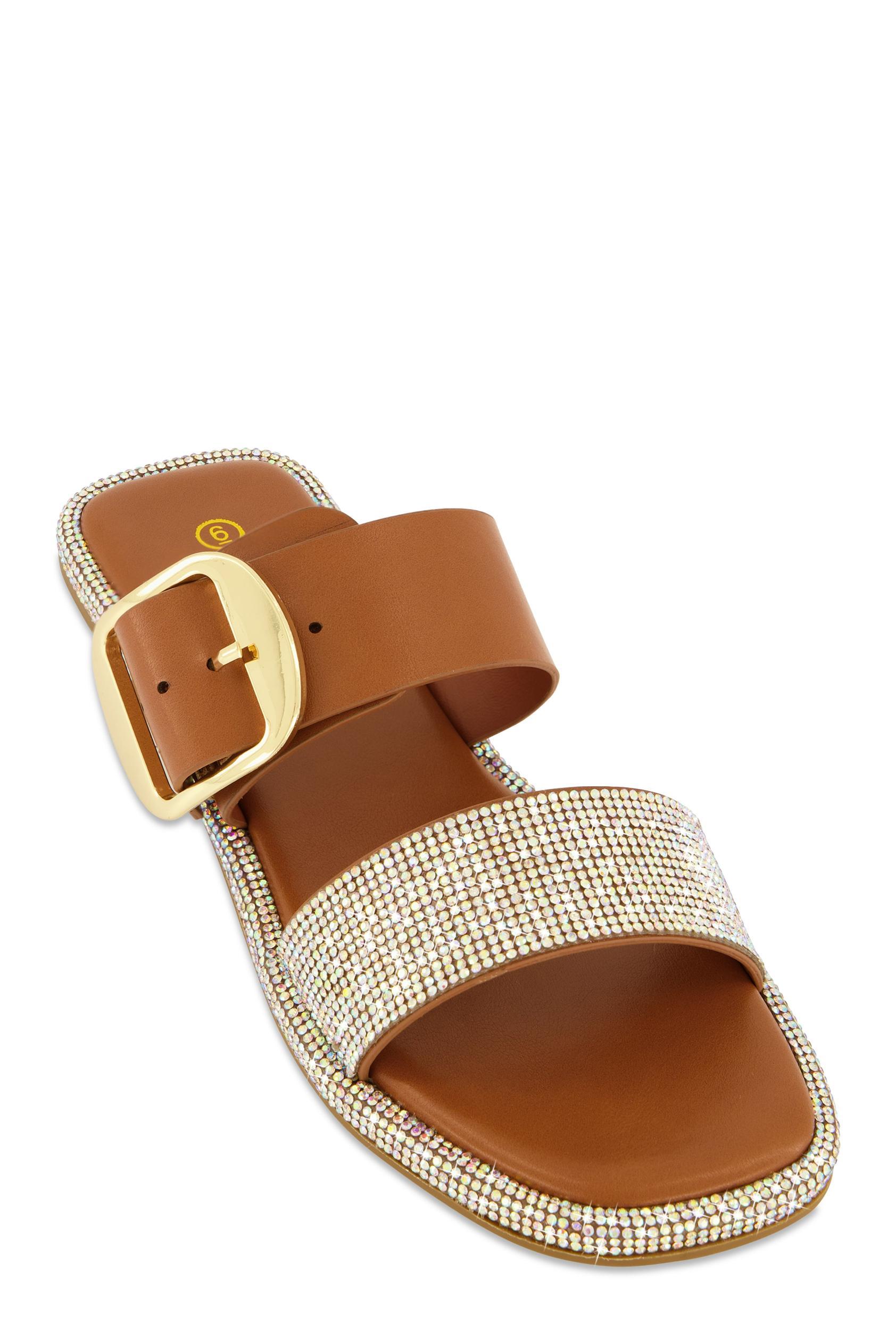 Womens Rhinestone Buckle Band Slide Sandals Product Image