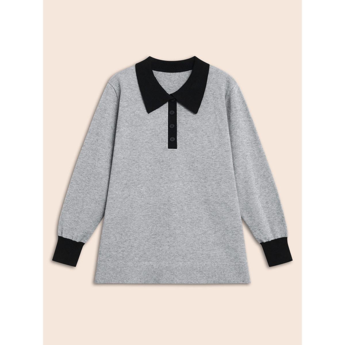 Plus Size Supersoft Essentials Contrast Polo Neck Button Up Pullover Mediumgray Women Casual Loose Long Sleeve Polo Everyday Pullovers BloomChic 18-20/2X Product Image