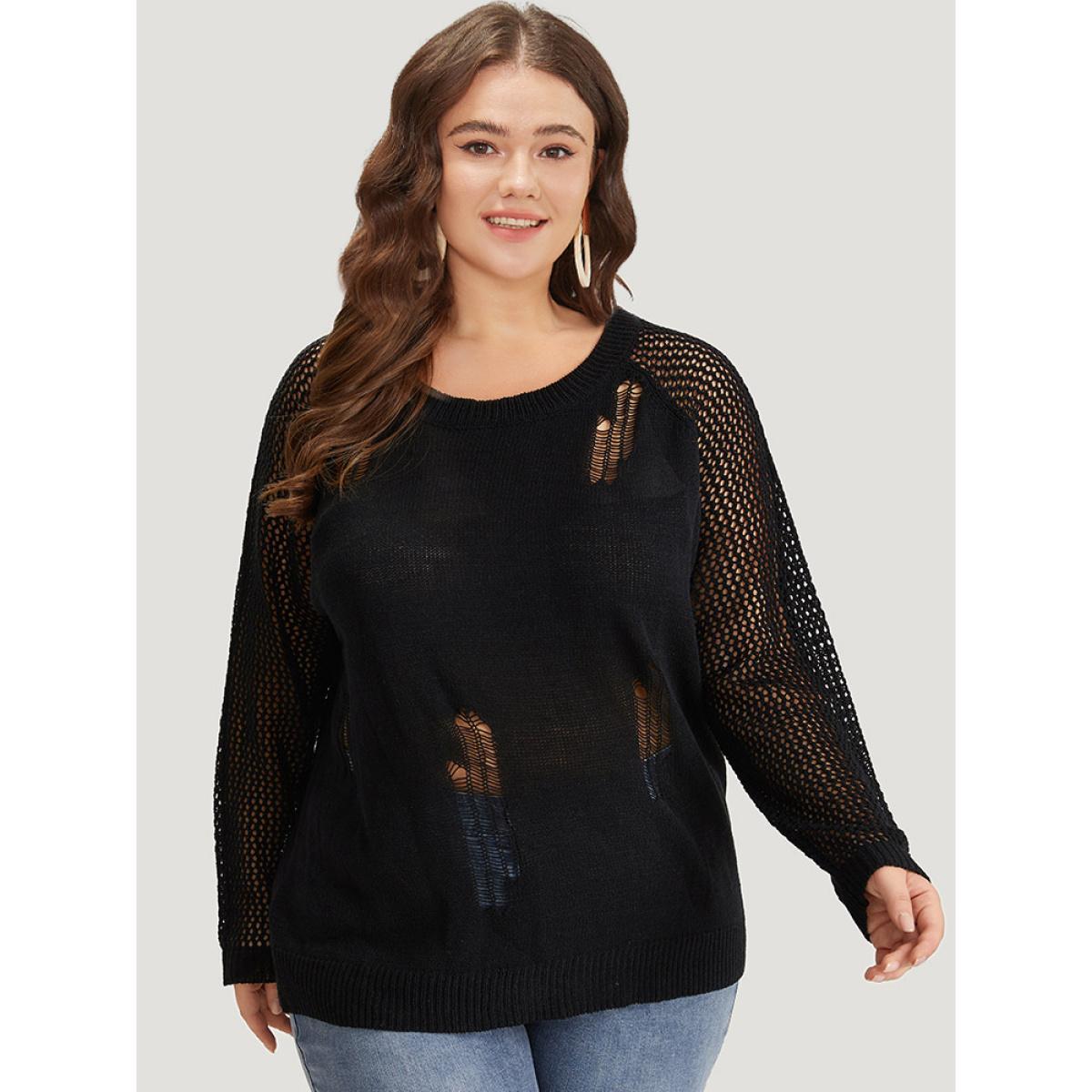 Plus Size Hollow Out Patchwork Raglan Sleeve Ripped Pullover Black Women Casual Loose Long Sleeve Round Neck Dailywear Pullovers BloomChic 10/M Product Image