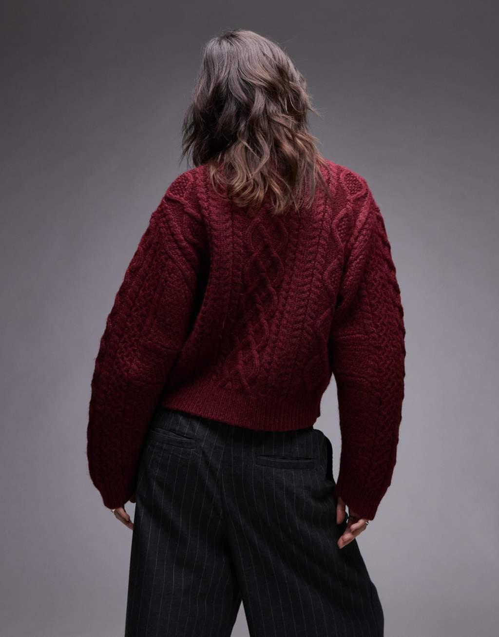 Topshop knit curved sleeve cable oversized sweater in burgundy Product Image