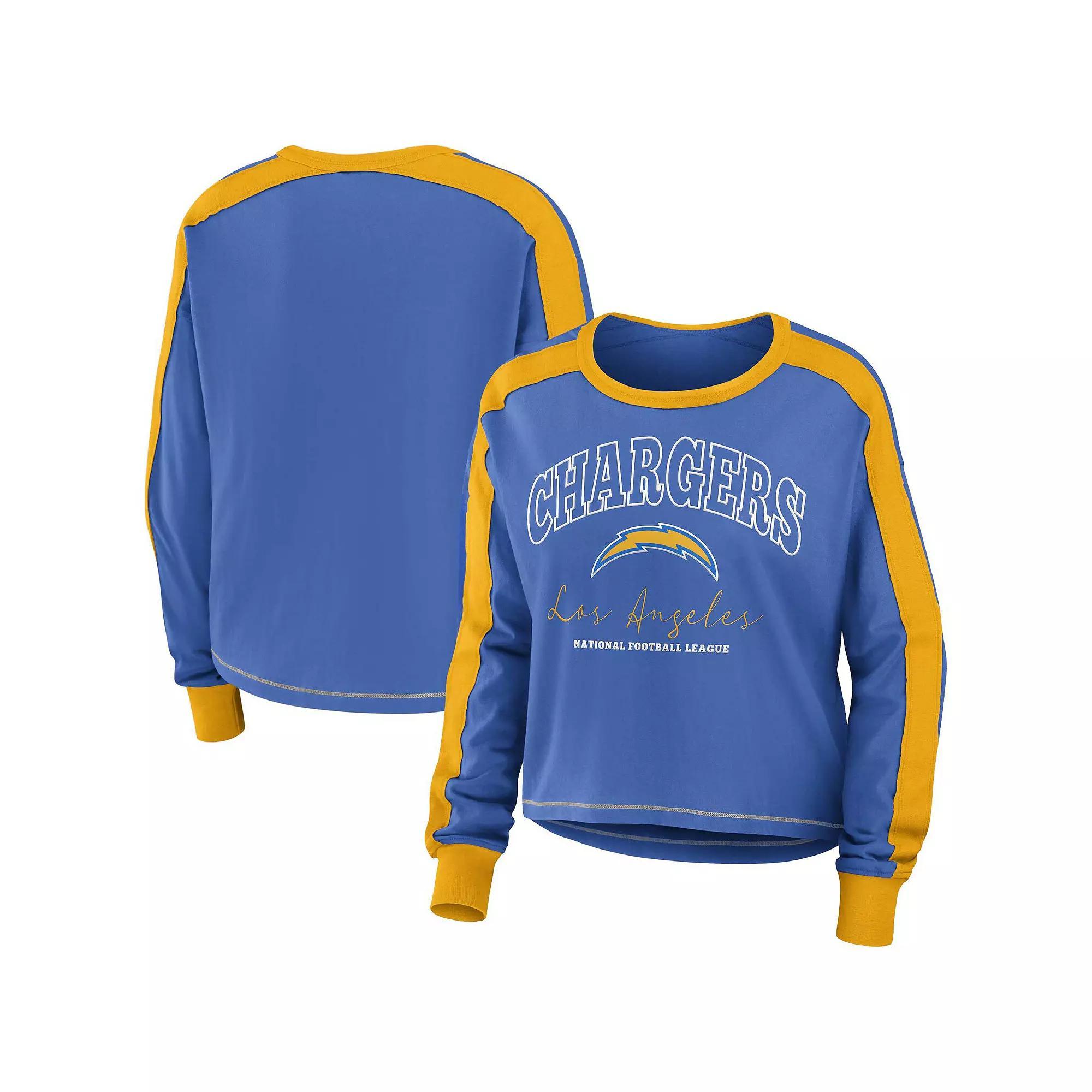 Women's WEAR by Erin Andrews Powder Blue/Gold Los Angeles Chargers Color Block Long Sleeve T-Shirt, Size: XL, Light Product Image