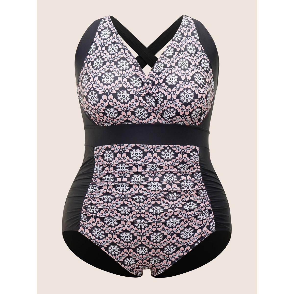 Plus Size Overlap Collar Boho Print Patchwork One Piece Swimsuit Women's Swimwear Black Beach Gathered Curve Bathing Suits High stretch One Pieces BloomChic 26/4X Product Image