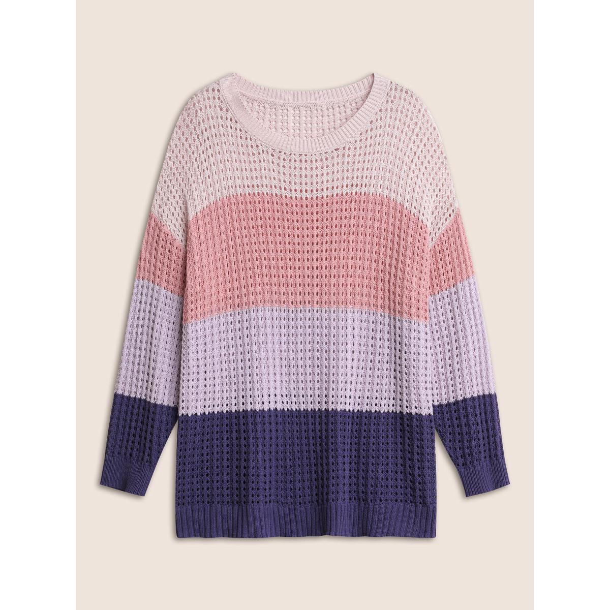 Plus Size Colorblock Contrast Pointelle Knit Drop Shoulder Pullover Watermelon Women Casual Long Sleeve Round Neck Everyday Pullovers BloomChic 18-20/2X Product Image