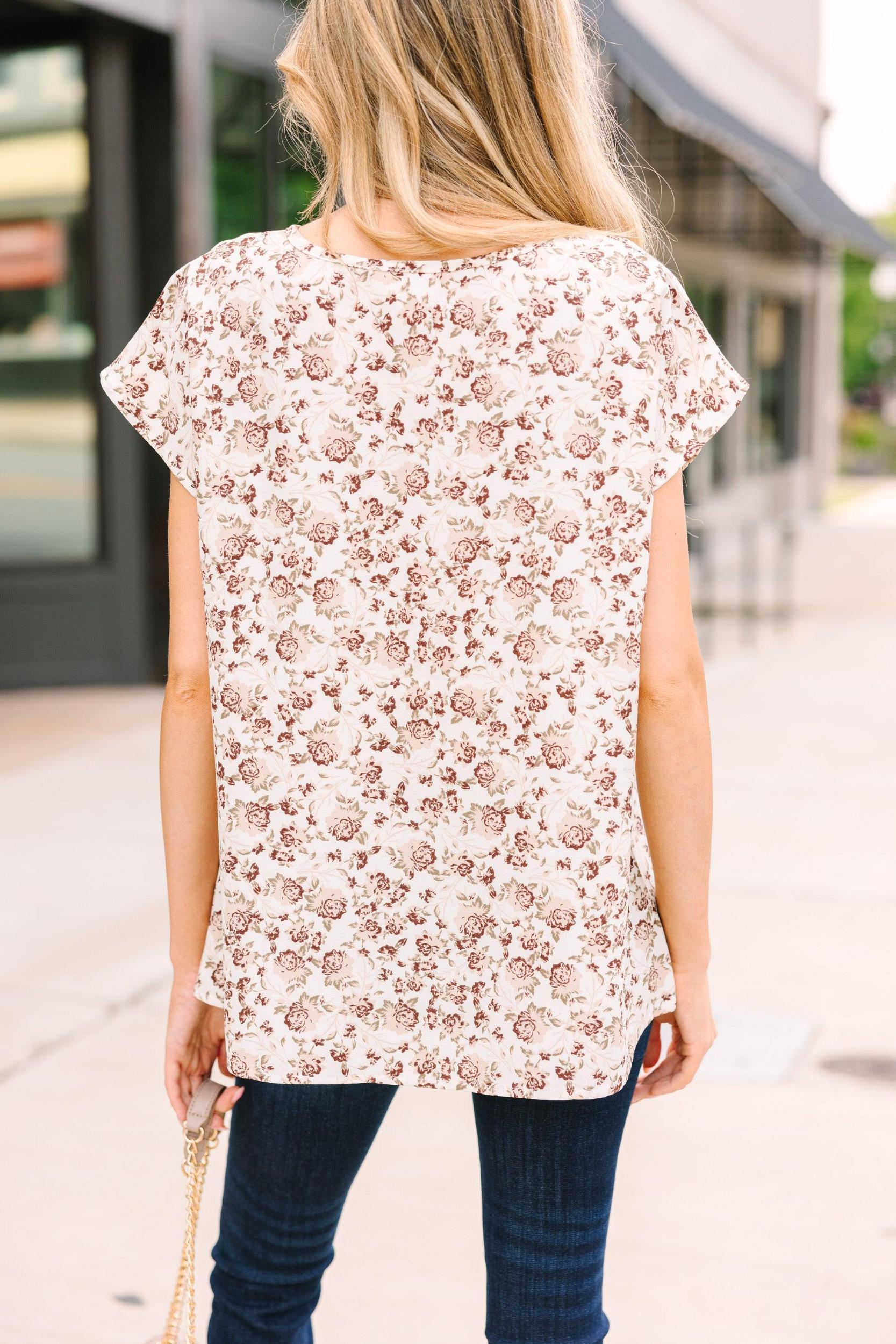 Hello Beautiful Beige Brown Disty Floral Cap Sleeve Top Female Product Image