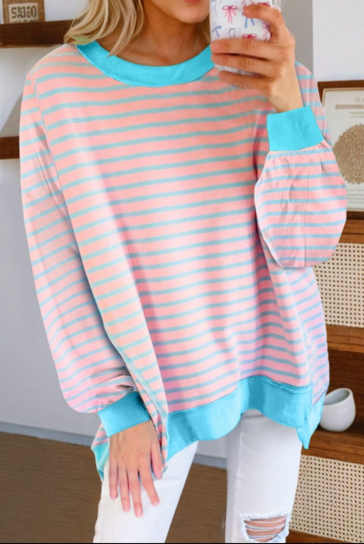 Pink Stripe High Low Pullover Sweater Product Image