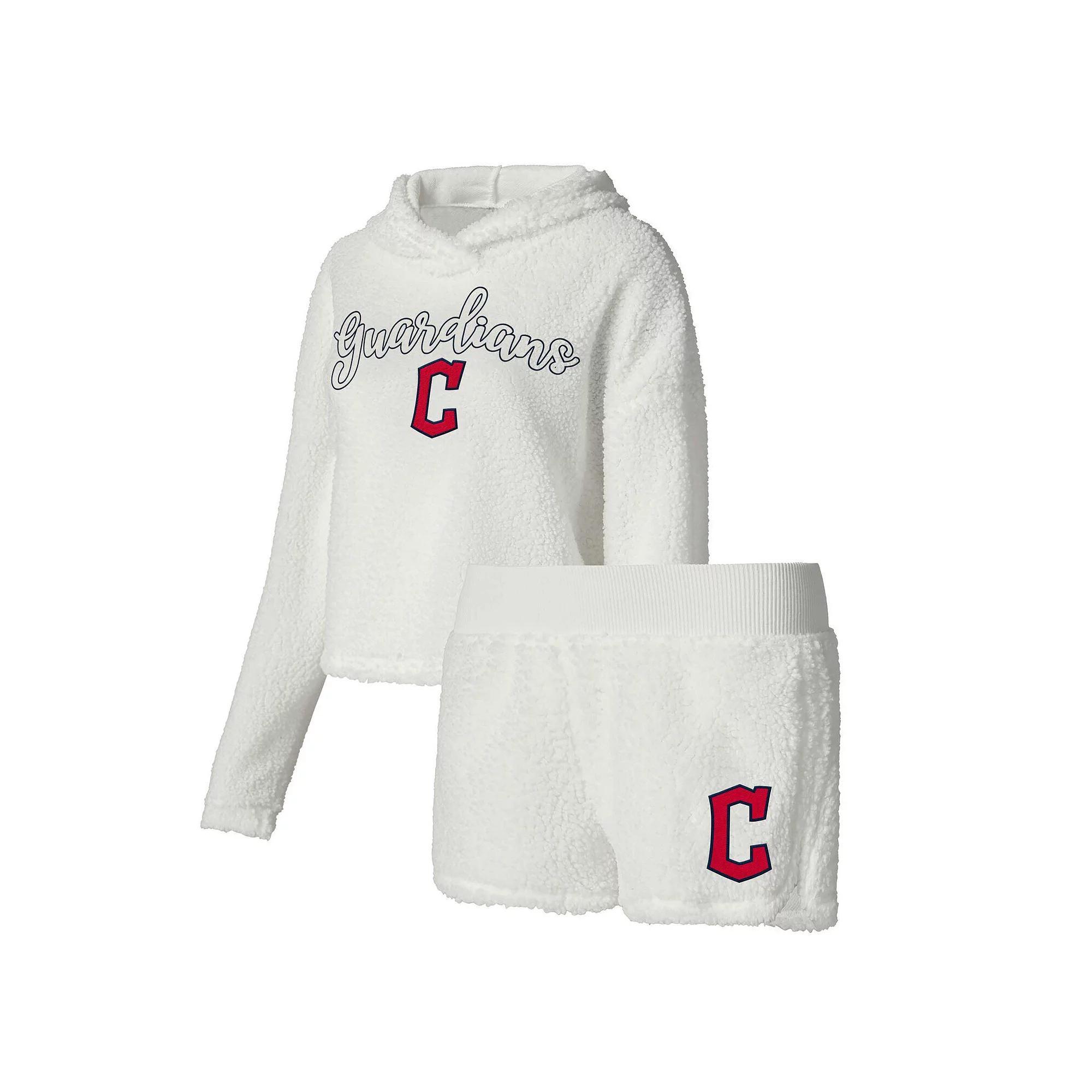 Women's Concepts Sport Cream Cleveland Guardians Fluffy Hoodie Top & Shorts Sleep Set, Size: Large, Grd Beige Product Image