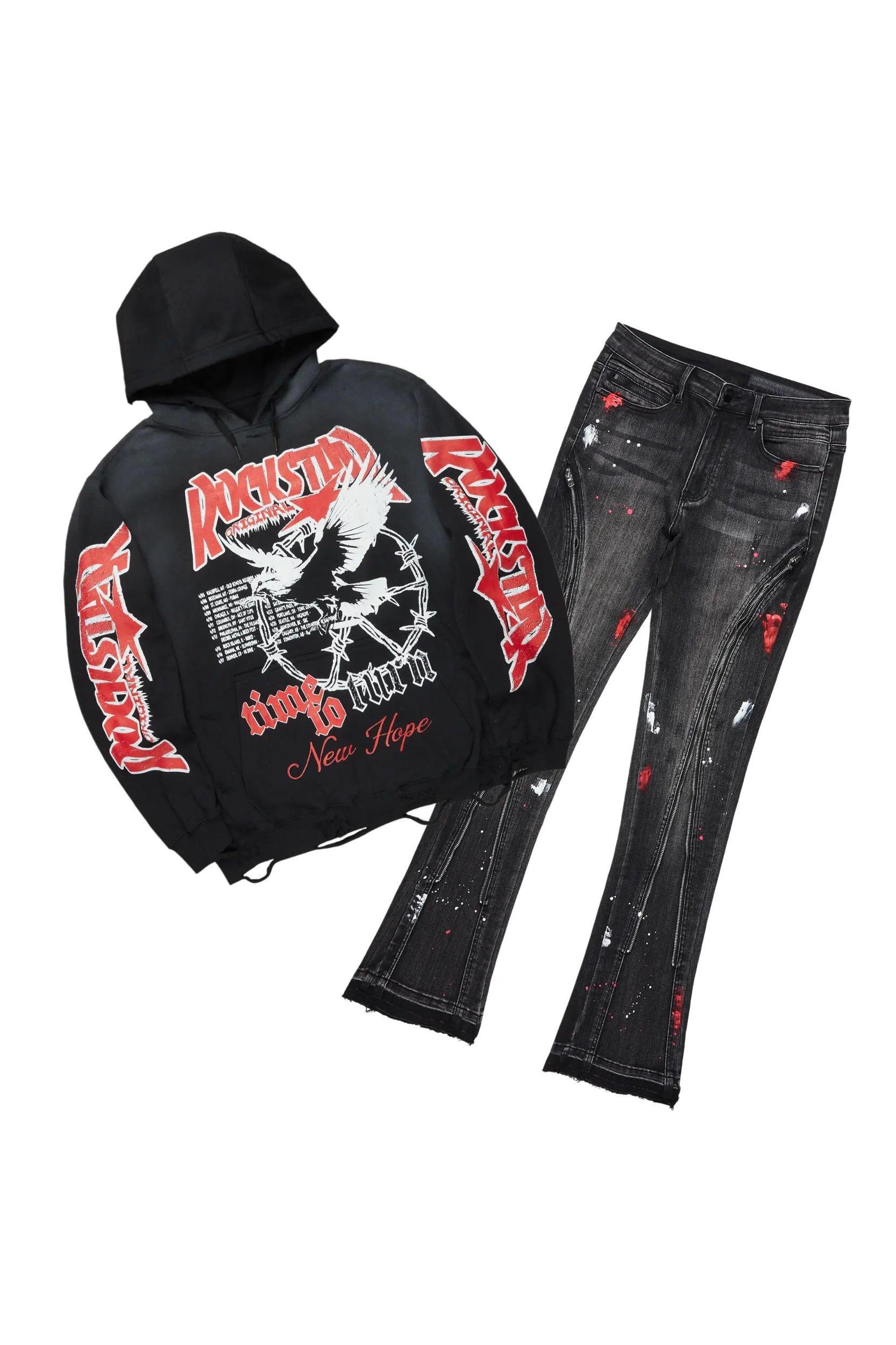 Burial Black Hoodie/Stacked Flare Jean Bundle Male Product Image