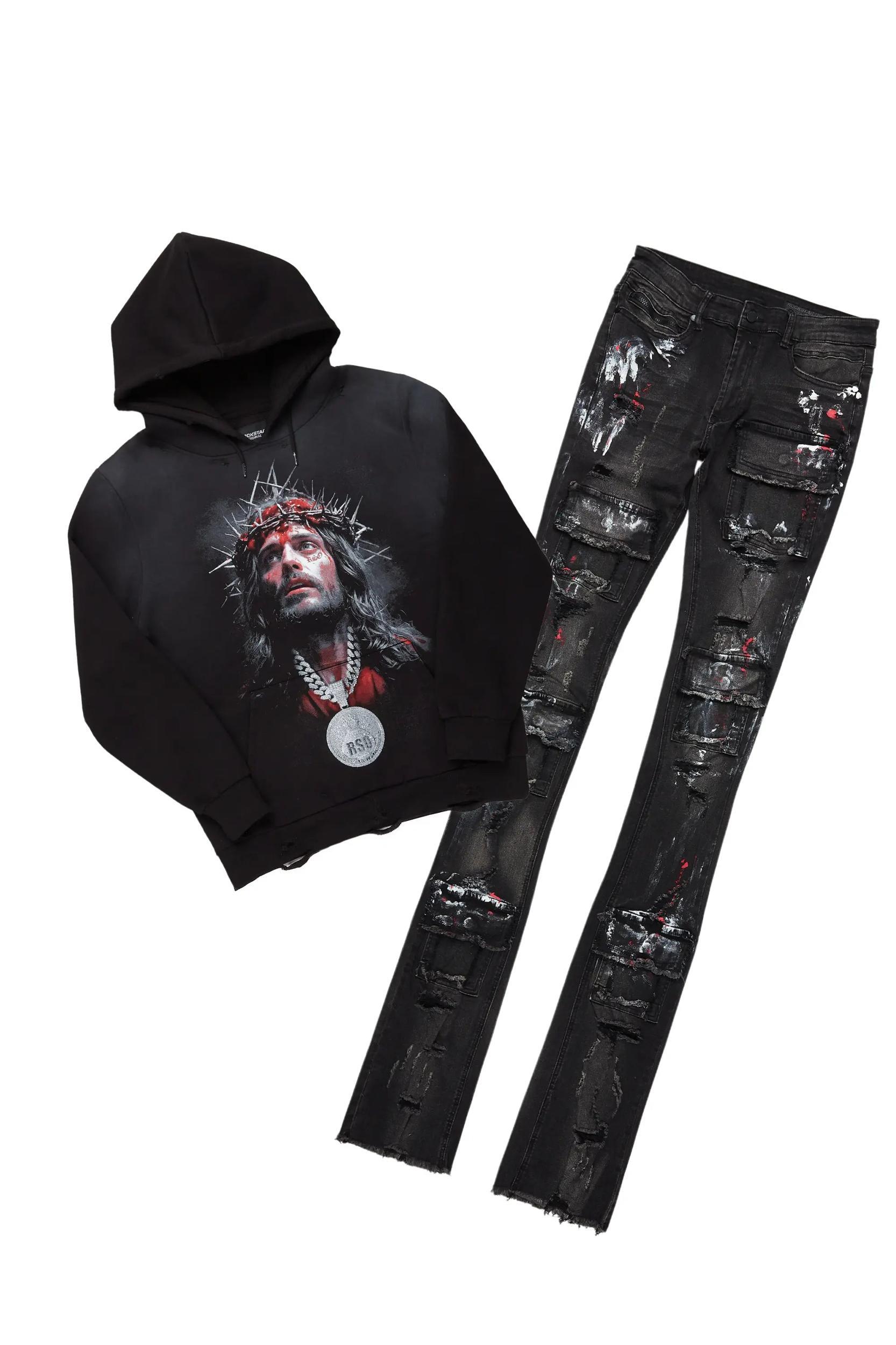 Amina Black Hoodie/Stacked Flare Jean Bundle Male Product Image