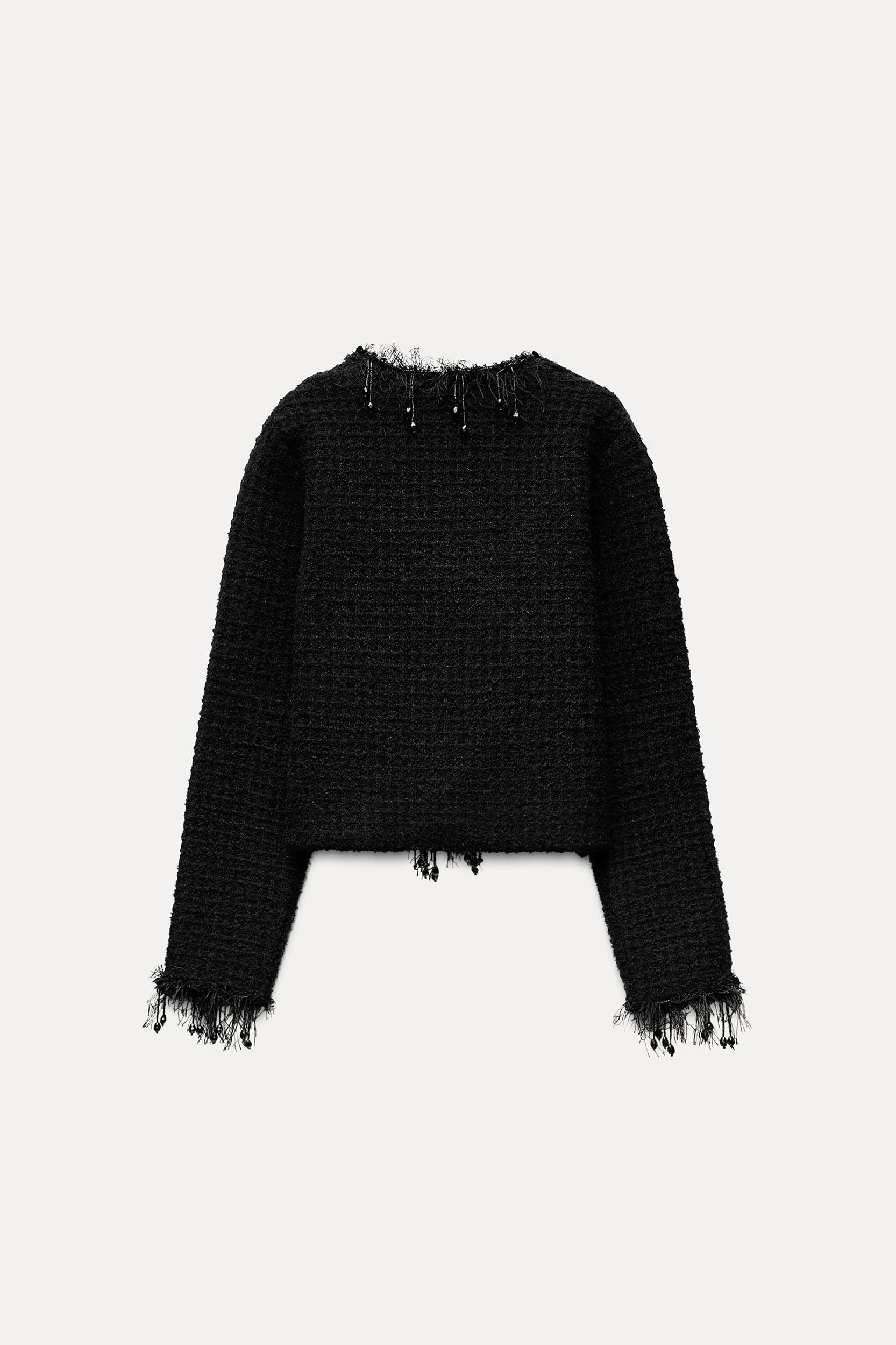 FRAYED BEADED TRIM KNIT SWEATER Product Image