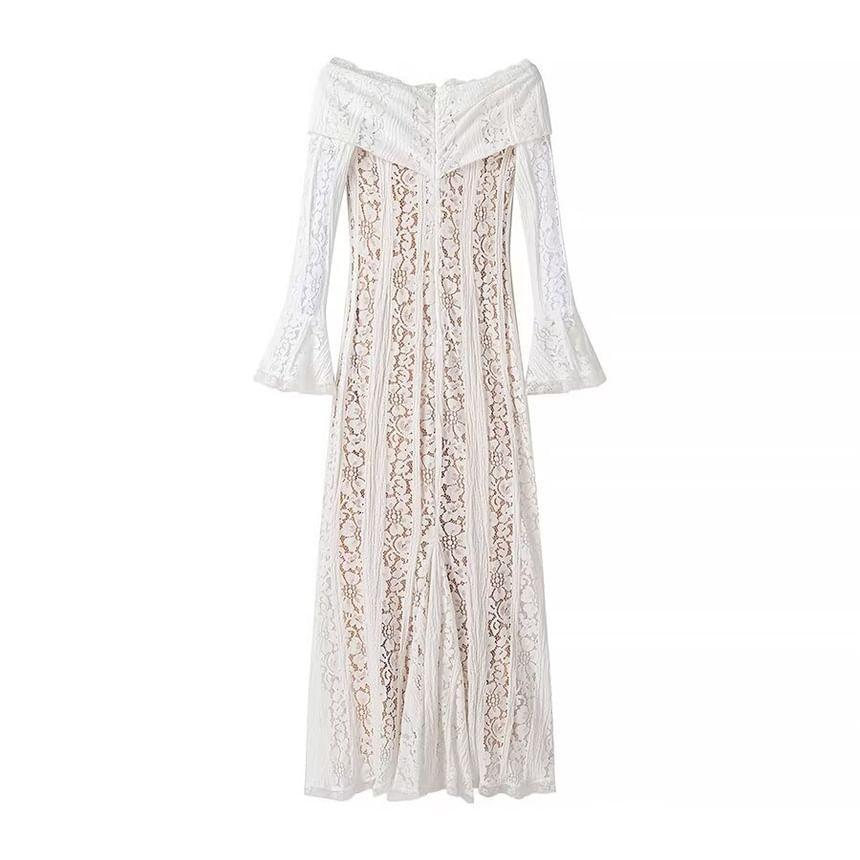 Off-The-Shoulder Long Sleeve Floral Lace Maxi Mermaid Dress Product Image
