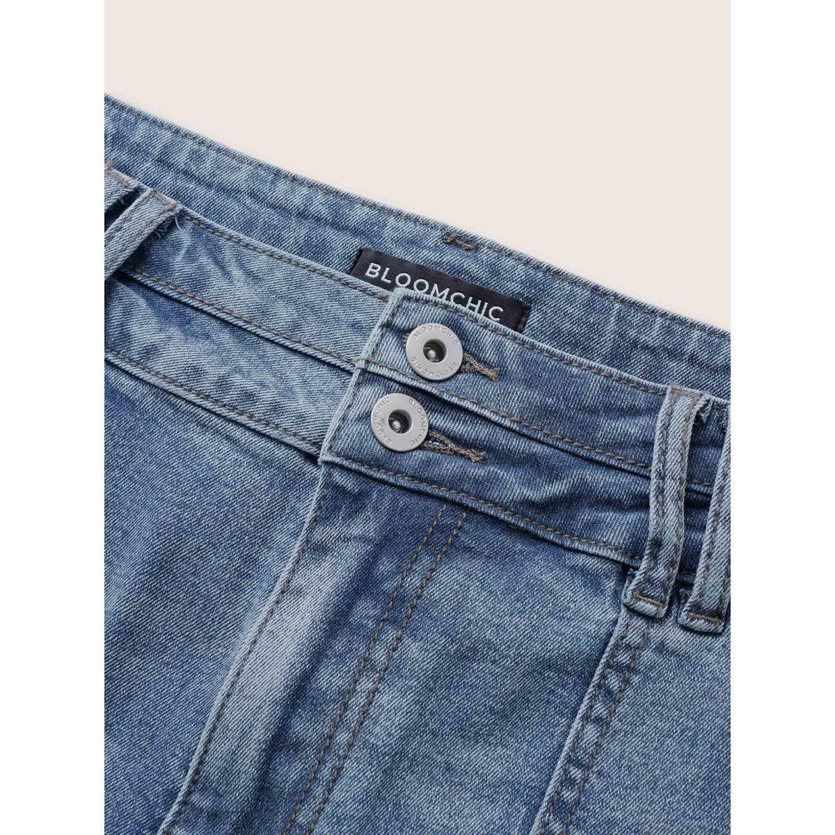 Plus Size Light Wash Slit Hem Pull On Jegging Jeans Women Blue Casual Plain Button High stretch Slanted pocket Jeans BloomChic 16/1X Product Image