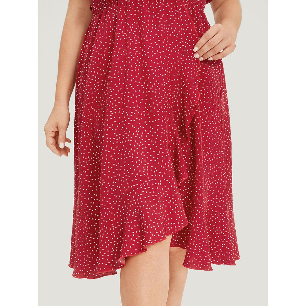 Plus Size Polka Dot Ruffles Wrap Pocket Asymmetrical Hem Dress Raspberry Women Elegant Wrap V-neck Short sleeve Curvy Knee Dress BloomChic 18-20/2X Product Image