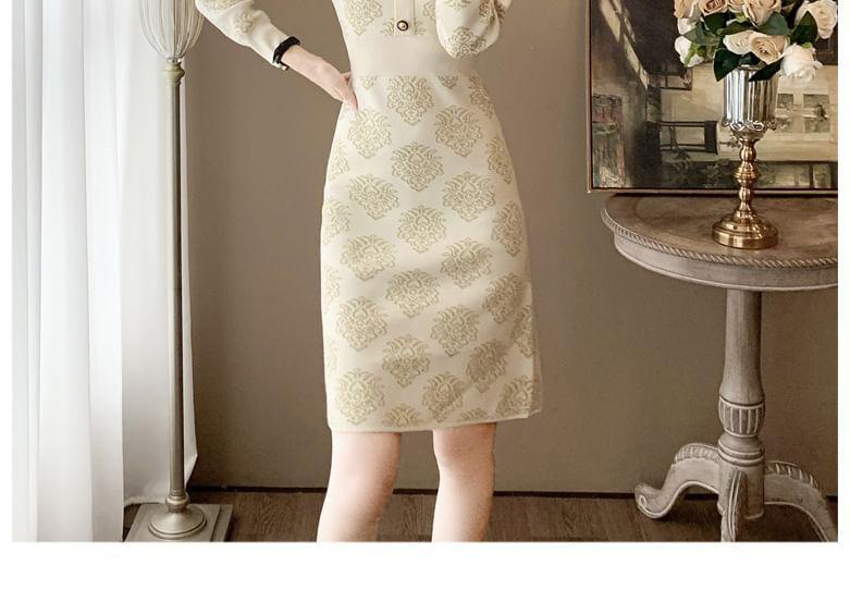 Long-Sleeve Crew Neck Patterned Knit Sheath Dress Product Image