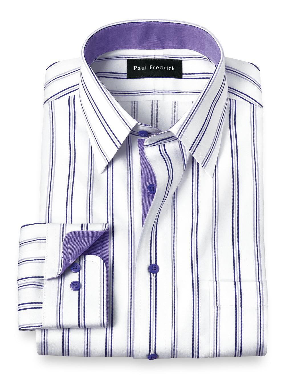 Non-Iron Cotton Stripe Dress Shirt With Contrast Trim - Purple Product Image