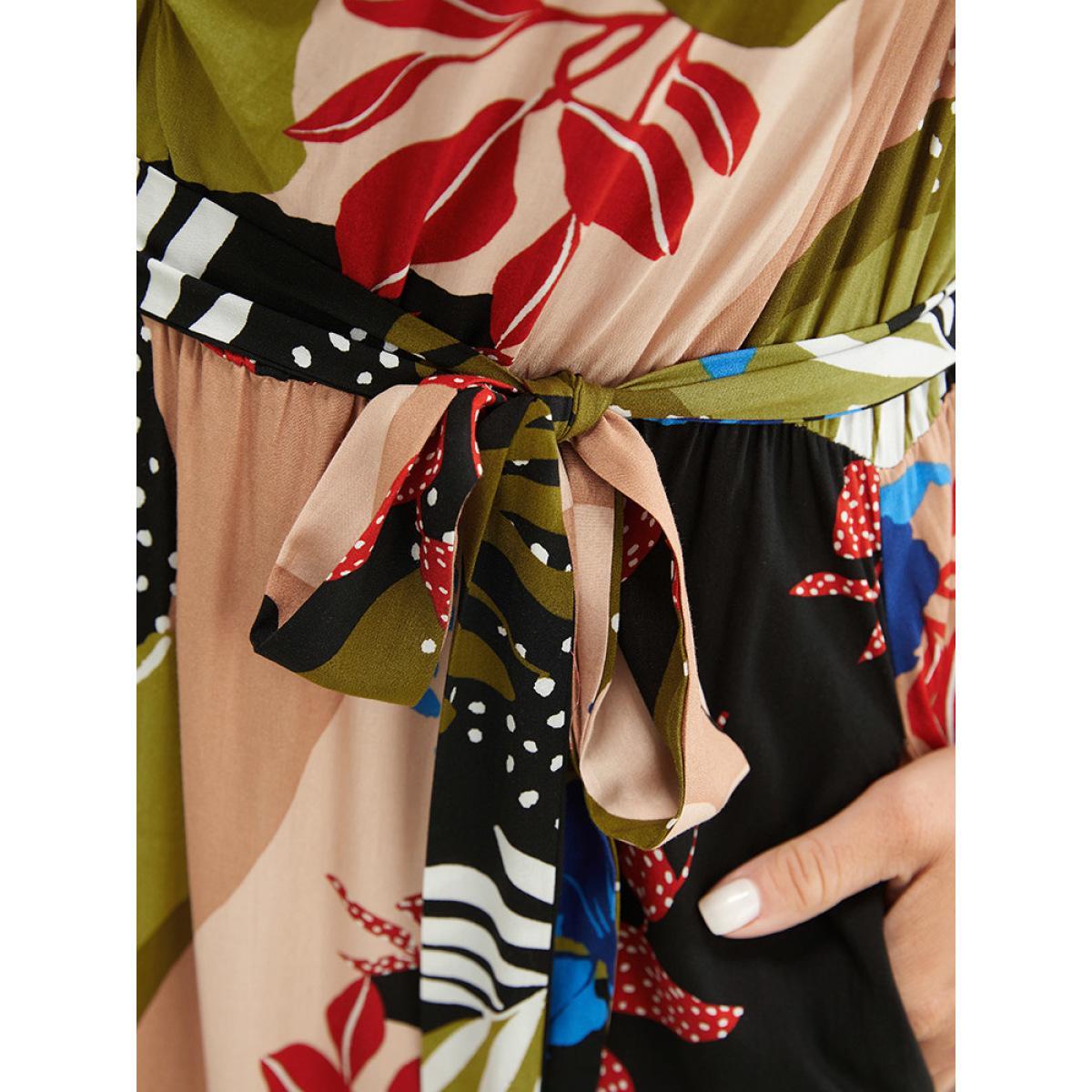 Plus Size Tropical Print Ruched Front Belt Pocket Flutter Hem Dress Multicolor Women Vacation Gathered V-neck Short sleeve Curvy Midi Dress BloomChic 28/5X Product Image