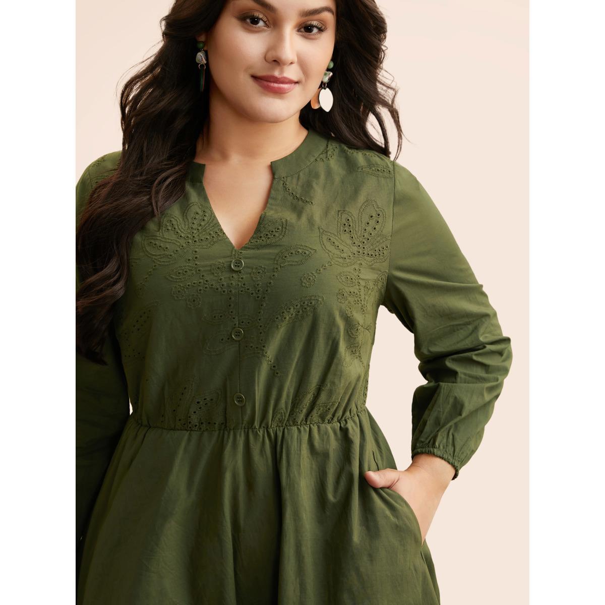 Plus Size Notched Broderie Anglaise Button Detail Dress ArmyGreen Women Elegant Button Notched collar Long Sleeve Curvy BloomChic 14-16/1X Product Image