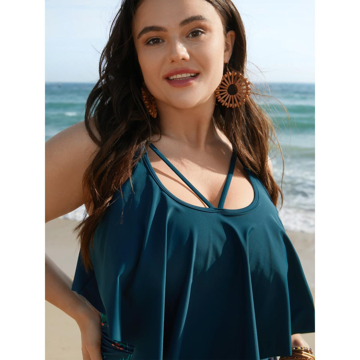 Plus Size Tropical Print Tiered Ruffles Crisscross One Piece Swimsuit Women's Swimwear Cyan Beach Gathered Curve Bathing Suits High stretch One Pieces BloomChic 22-24/3X Product Image