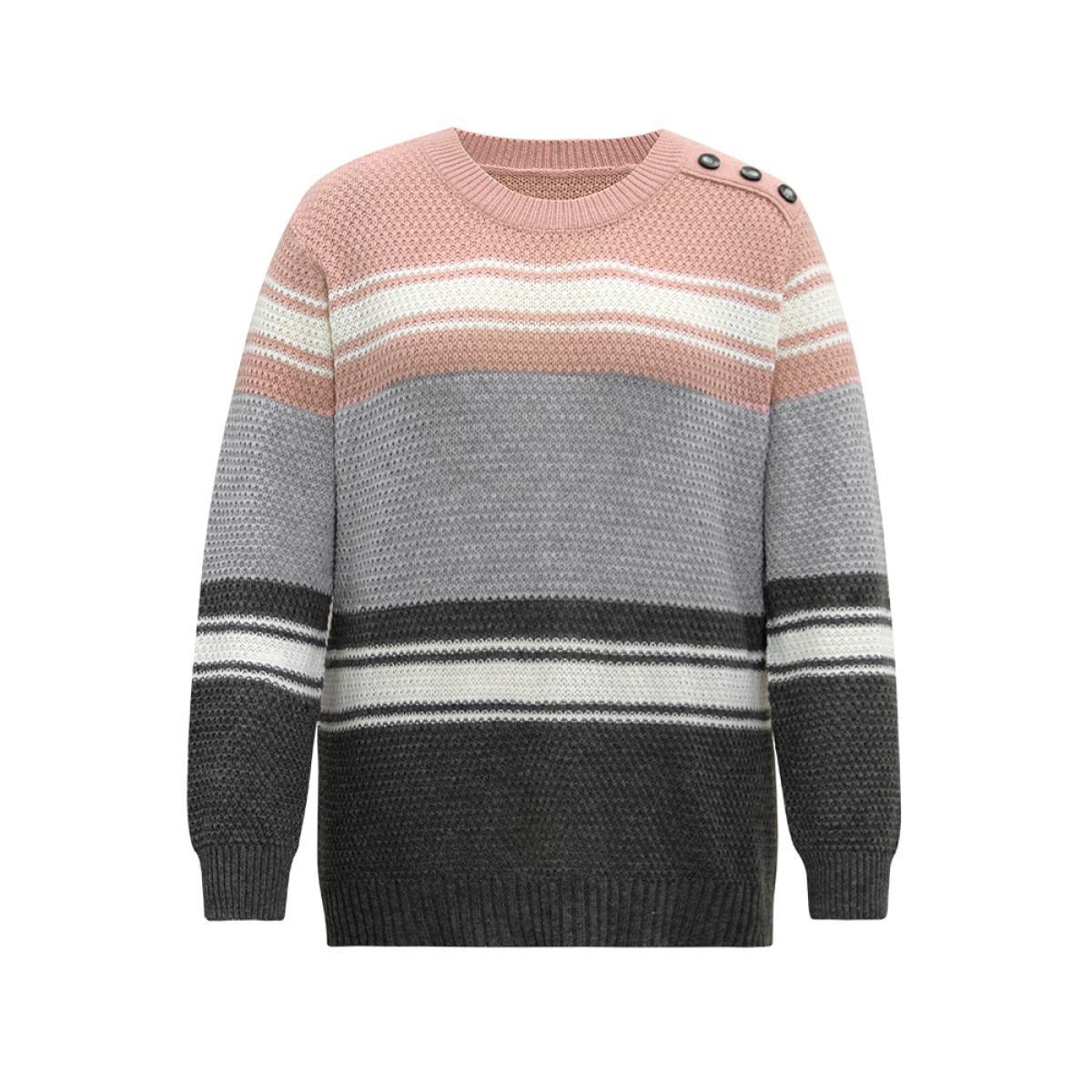 Plus Size Colorblock Button Detail Plisse Pullover Multicolor Women Casual Loose Long Sleeve Round Neck Dailywear Pullovers BloomChic 12/L Product Image