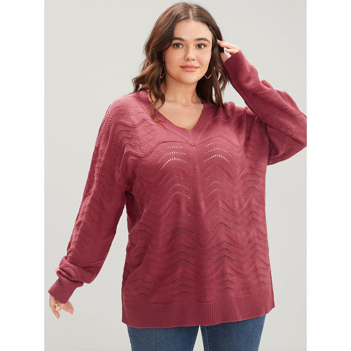 Plus Size Plain Pointelle Knit Water Ripple Eyelet Knit Top Scarlet Women Casual Loose Long Sleeve V-neck Dailywear Pullovers BloomChic 30/6X Product Image