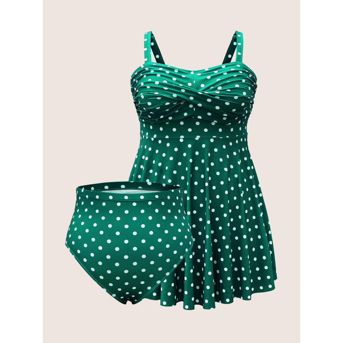 Plus Size Polka Dot Ruched Fit Flare Swim Dress Women's Swimwear Green Beach Bodycon Strapless High stretch Curve Swim Dresses BloomChic 18-20/2X Product Image