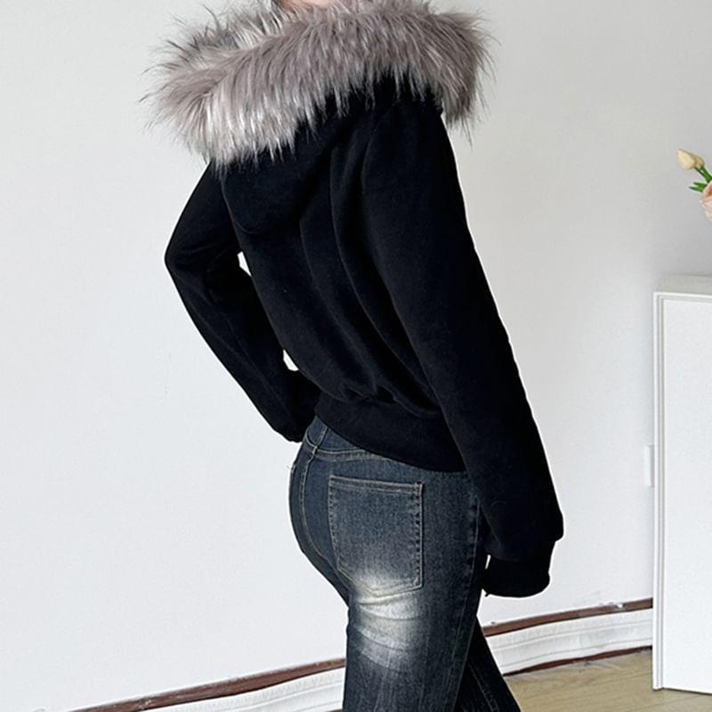 Faux Fur Hooded Zip-Up Jacket Product Image
