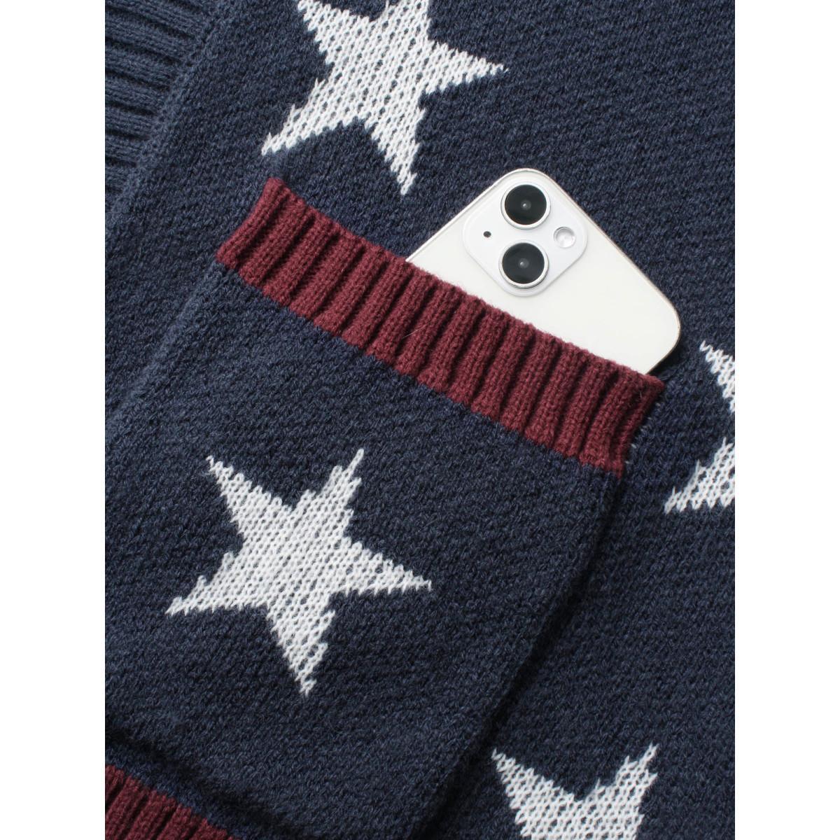 Plus Size Star Contrast Patched Pocket Cardigan Indigo Women Casual Loose Long Sleeve Everyday Cardigans BloomChic 10/M Product Image