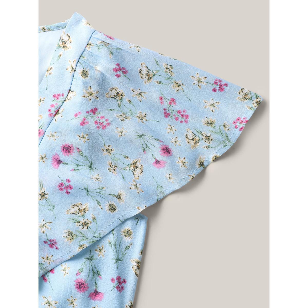 Plus Size LightBlue Floral Print Ruffled Flowy Blouse Women Cap Sleeve Square Neck Everyday-Elegant Blouses BloomChic 10/M Product Image
