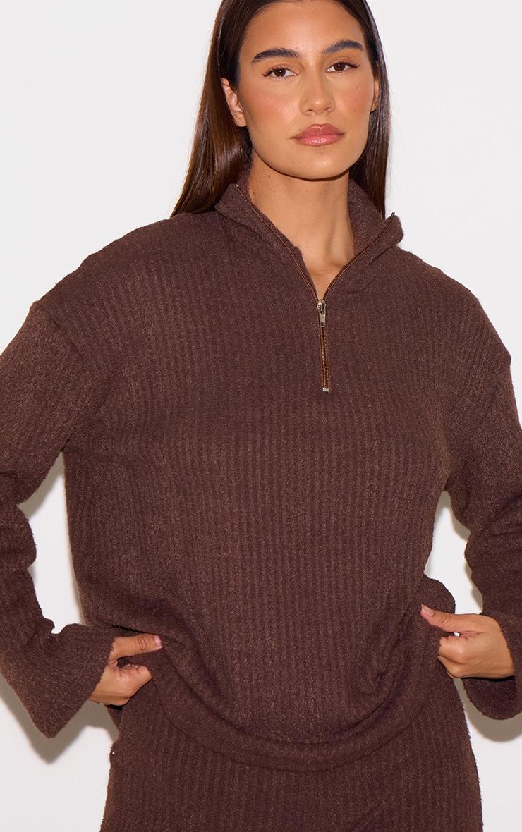 Chocolate Textured Soft Rib Half Zip High Neck Oversized Long Top Product Image